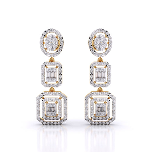 Baguette And Round Cut Zirconia Halo Cluster Dangle Earrings With Screw Back