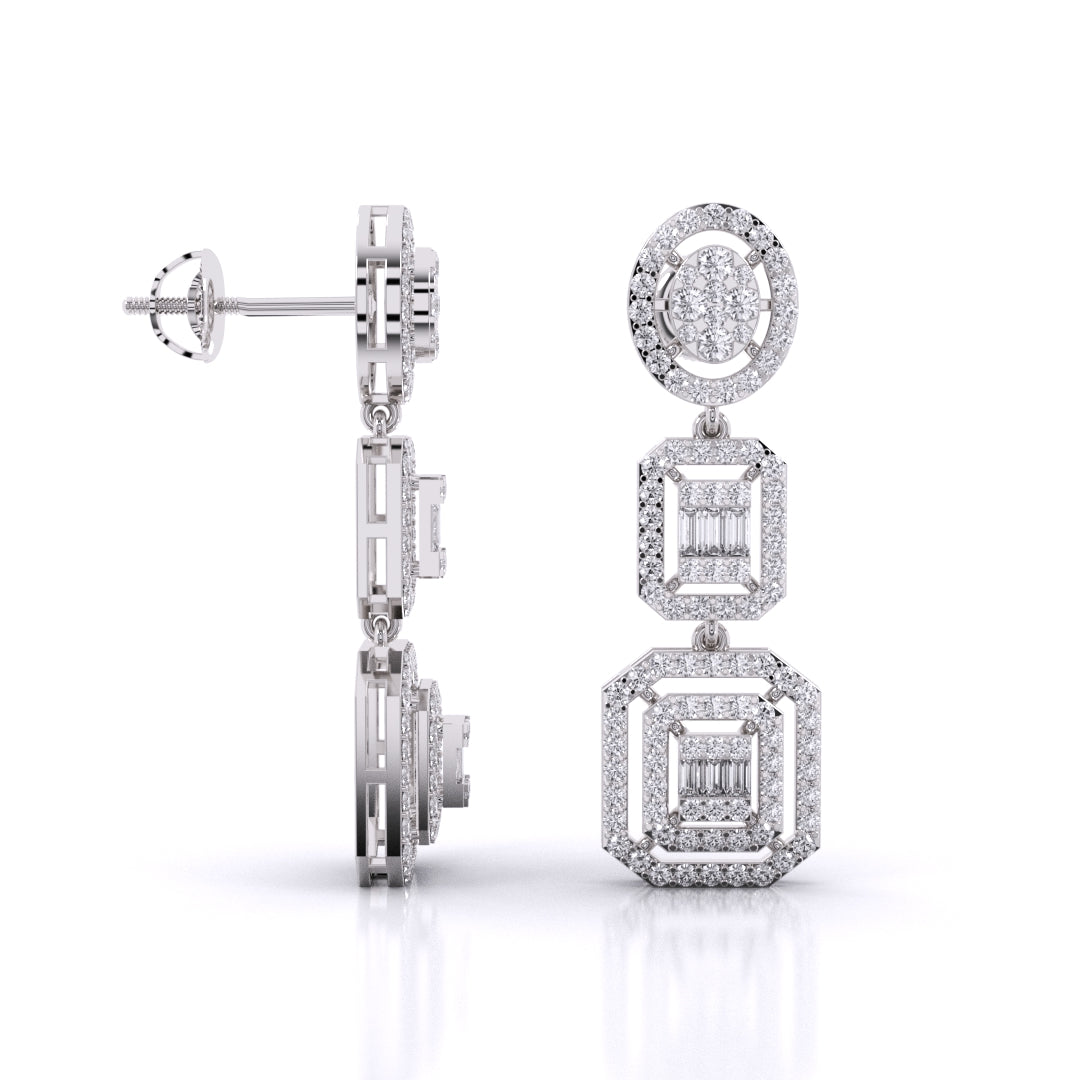 Baguette And Round Cut Zirconia Halo Cluster Dangle Earrings With Screw Back