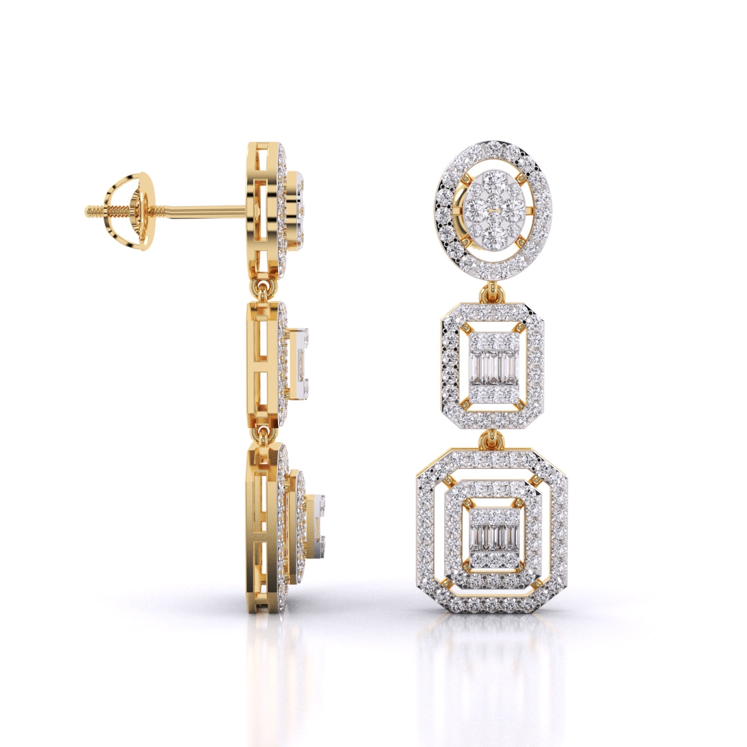 Baguette And Round Cut Zirconia Halo Cluster Dangle Earrings With Screw Back