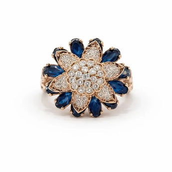 Rose Gold Floral Statement Ring with Blue Sapphire-Colored Stones and Diamonds