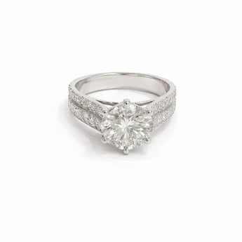 4 Carat Round Cut Diamond Ring with Ornate Wide Pave Diamond Band
