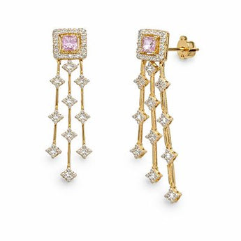 Round Diamond Dangle Earrings with Pink Color Stone
