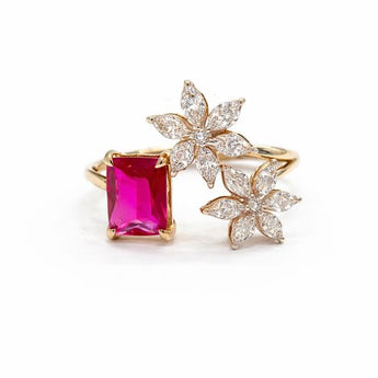 Floral Diamond Ring with Pink Center Stone and Gold Finish