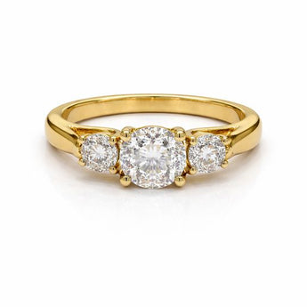 Three Stone Round Diamond Ring 1.56 Carat Yellow Gold Band