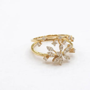 Floral Diamond Open Ring with Leaf Motif in Gold Finish