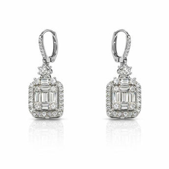 Baguette Diamond Rectangle Halo Drop Earrings