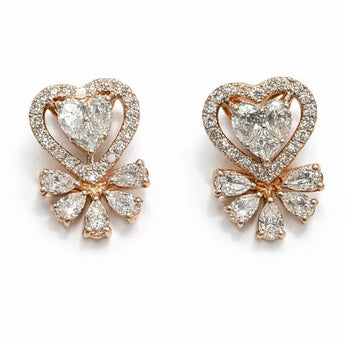 Rose Gold Heart-Shaped Diamond Cluster Floral Stud Earrings