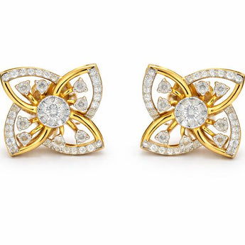 Ornate 14KT Yellow Gold Diamond-Studded Four-Petal Flower Studs