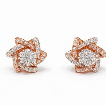 Rose Gold Floral Diamond Stud Earrings - Swirl Motif Design
