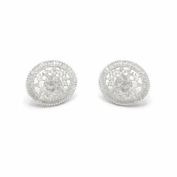 Round Baguette Diamond Medallion Stud Earrings in 18K White Gold