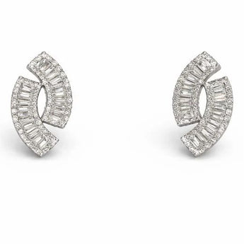 Modern Baguette & Round Diamond Curved Stud Earrings - Art Deco White Gold Jewelry
