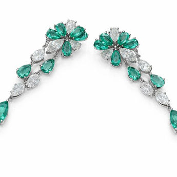 Marquise & Pear Cut Emerald and Diamond Floral Cluster Drop Earrings