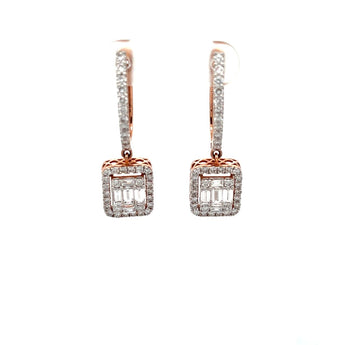 Rose Gold Baguette & Round Diamond Halo Square Drop Earrings