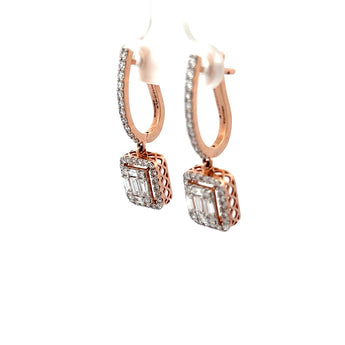 Rose Gold Baguette & Round Diamond Halo Square Drop Earrings
