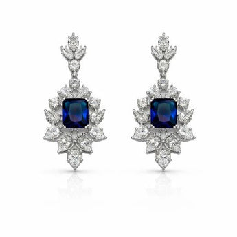 Royal Blue Sapphire Emerald-Cut Diamond Halo Statement Earrings