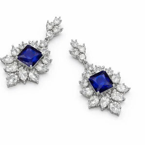 Royal Blue Sapphire Emerald-Cut Diamond Halo Statement Earrings