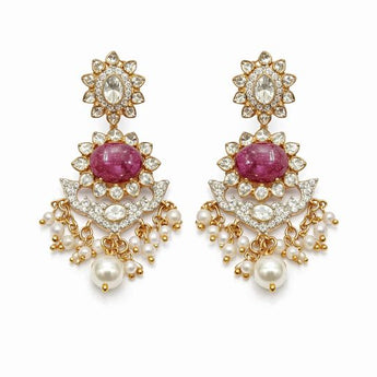 Grand 14K Gold Polki & Ruby Chandelier Earrings with Pearl Drops