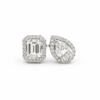 3 Carat Emerald and Pear Cut Diamond Toi et Moi Halo Ring