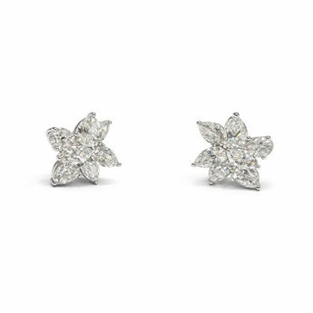 Luxury White Gold Pear-Cut Diamond Cluster Floral Stud Earrings