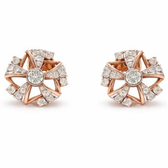 Rose Gold Diamond Flower Stud Earrings with Multi-Stone Geometric Petals