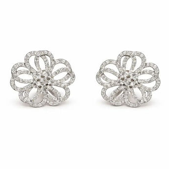 Intricate Floral Diamond Cluster Stud Earrings in White Gold