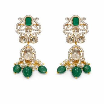 Heritage Emerald and Polki Diamond Drop Earrings with Pearl Accents