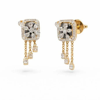Square Amethyst Dangle Earrings with Diamond Floral Overlay in Gold