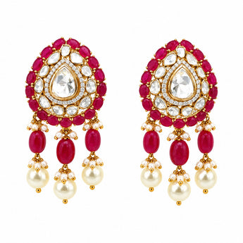 Polki Diamond Earrings with Colorstone and Pearl Drops