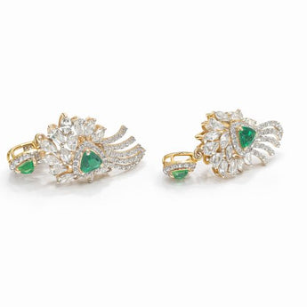 Emerald & Marquise Diamond Peacock Fan Statement Earrings in Rose Gold