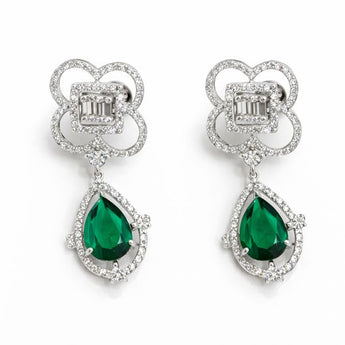 Emerald Pear Cut Drop Earrings with Diamond Halo