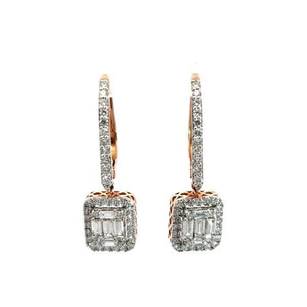Illusion Set Baguette Diamond Halo Drop Earrings in Rose Gold