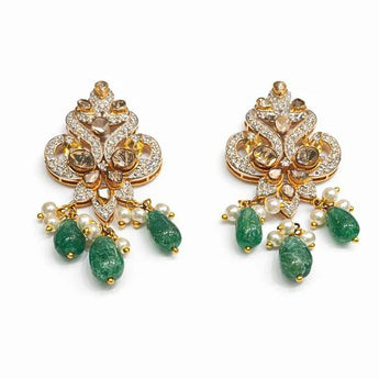 Sparkling Pearl Emerald Polki Dangle Earrings