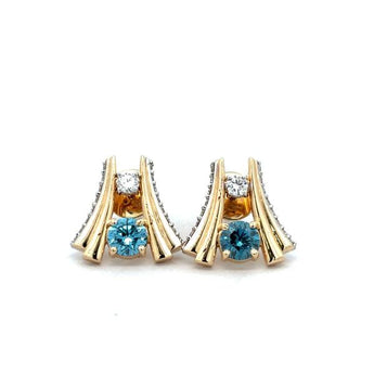 Modern Blue Topaz and Diamond Geometric Fan Earrings in Two-Tone Gold