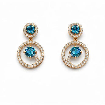 Blue Diamond Circular Halo Dangle Earrings in Elegant Rose Gold