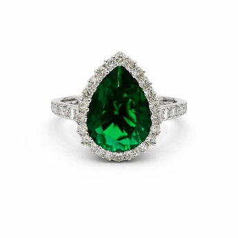 Pear Cut Green Gemstone Diamond Halo Ring in White Gold