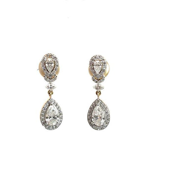 18K Yellow Gold Pear Cut Diamond Drop Earrings with Marquise Accent