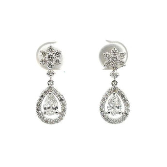 Floral Cluster and Pear Diamond Drop Earrings in Sterling Silver/White Gold