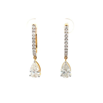 Pear Cut Diamond Drop Earrings with Diamond-Lined Bar in Yellow Gold