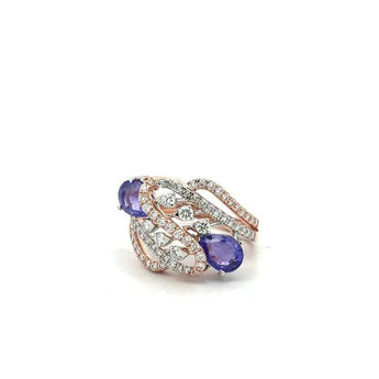 Rose Gold Diamond Ring with Pear Blue Gemstone Accents