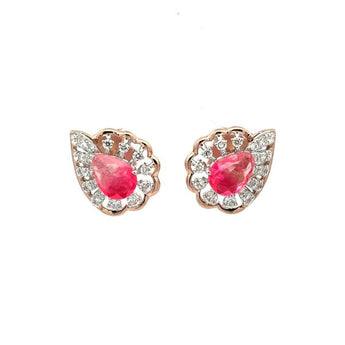 Pink Pear Cut Gemstone Scalloped Diamond Halo Stud Earrings