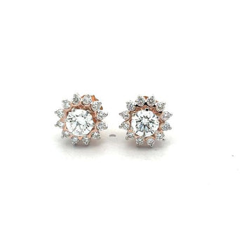 Round Diamond Flower Halo Stud Earrings in Two-Tone Rose Gold
