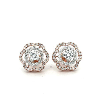 Scalloped Double Diamond Halo Flower Stud Earrings in Rose Gold