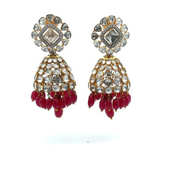 Traditional Indian Polki Diamond Jhumka Earrings with Red Beads