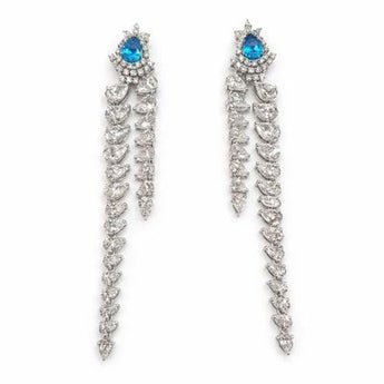 Blue Topaz Pear-Cut Diamond Tassel Dangle Earrings in Sterling Silver