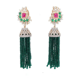 Traditional Jhumka Earrings with Emerald Beads, Ruby Center & Diamonds