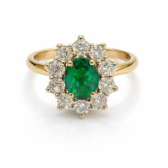 Oval Emerald Diamond Halo Ring for Women – 1.07 Carat Gold Ring