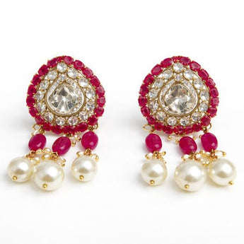 Traditional Polki & Ruby Drop Earrings with Pearl Hangings