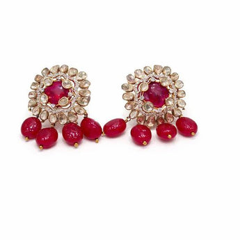 Red Stone Kundan Style Stud Earrings with Beaded Drops