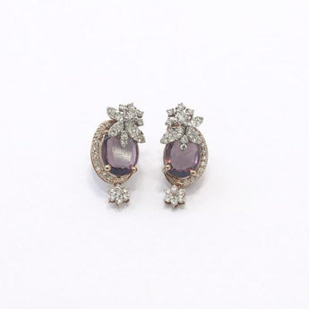 Oval Purple Colorstone with Diamond Floral Accents Earrings