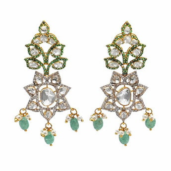 Traditional Polki Uncut Diamond & Emerald Chandelier Earrings with Pearls